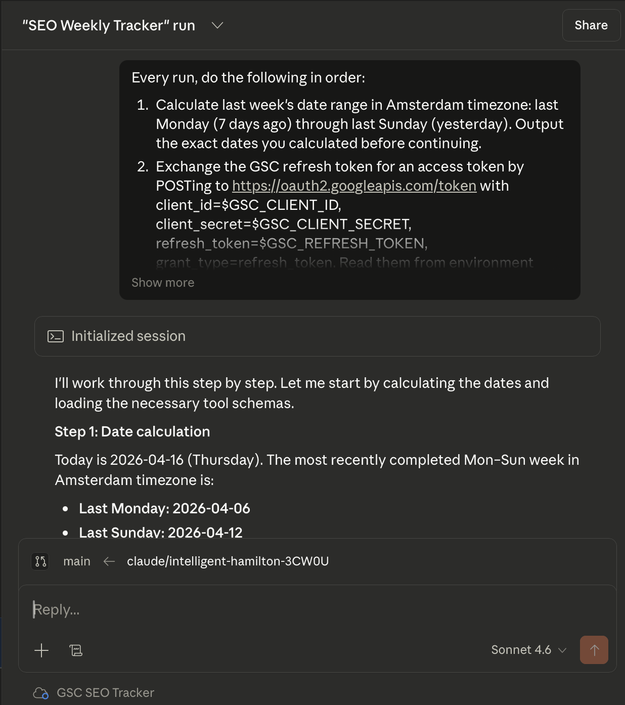 Claude Code Routines successful run showing correct date calculation and completed Notion database entry for weekly SEO tracking