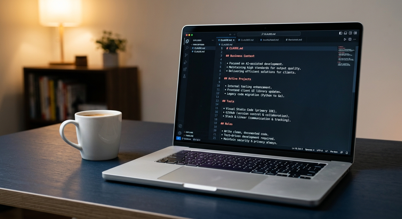 Claude Code for business: close-up of CLAUDE.md memory file open in VS Code showing business context and project structure