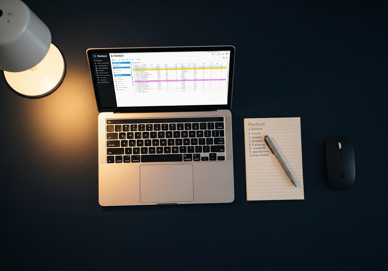 Claude Code business automation: top-down desk view showing Notion project dashboard for tracking AI skills and workflow templates
