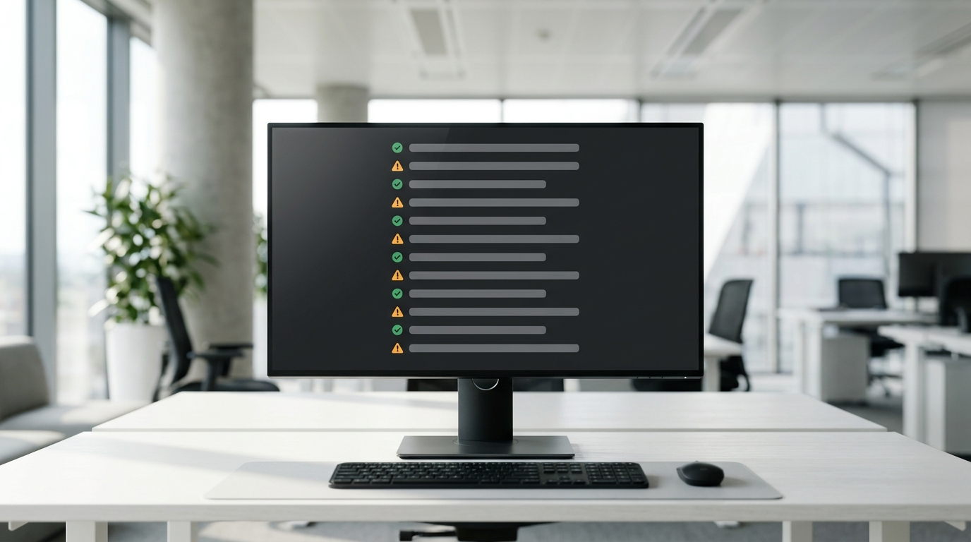 Testing checklist on a monitor showing pass and fail indicators for a multi-step AI workflow validation process