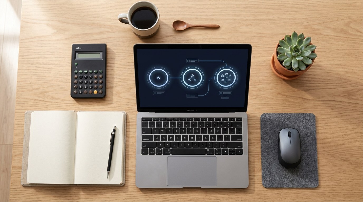 Three pricing tiers for AI automation shown as glowing connected circles on a laptop screen, calculator and notebook on the desk