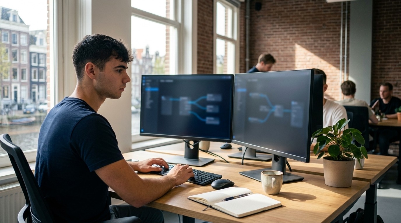 AI automation for financial services firms: Dominik Gabor at a workstation with a defocused workflow canvas on dual monitors in an Amsterdam office