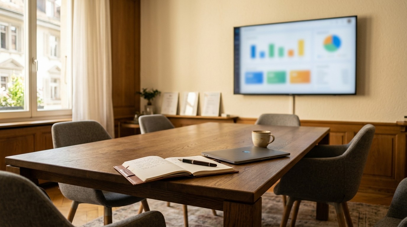 Meeting room table in a small insurance brokerage with a notebook, pen and a wall display showing a defocused dashboard