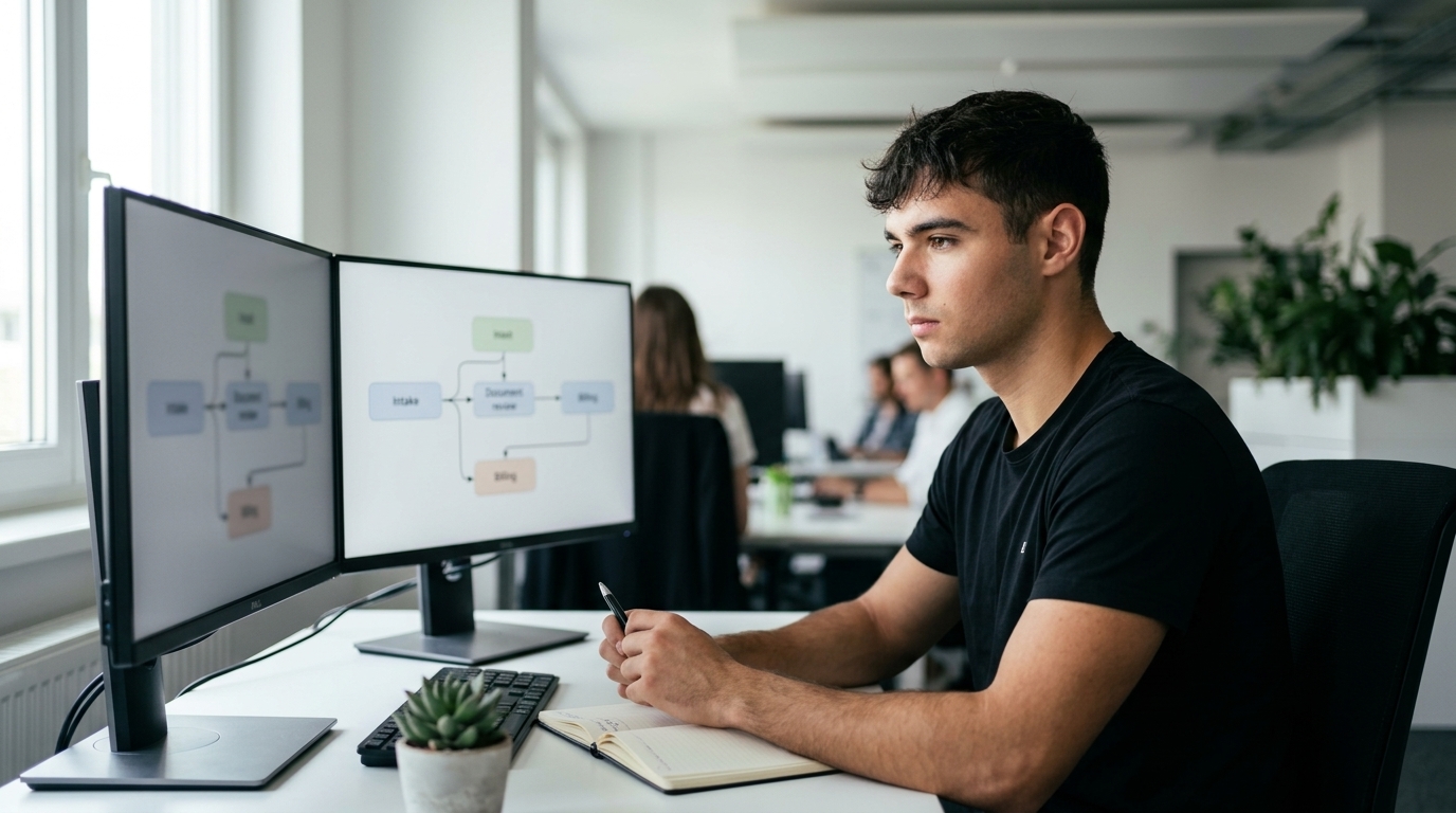Dominik Gabor at his workstation reviewing an AI automation workflow for a professional services firm, with intake, document review, and billing nodes visible on dual monitors