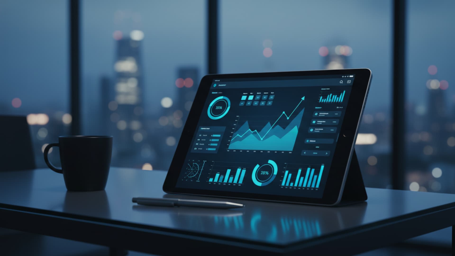 Tablet showing AI business analytics dashboard with coffee cup on a modern desk - representing running your AI Operating System from anywhere