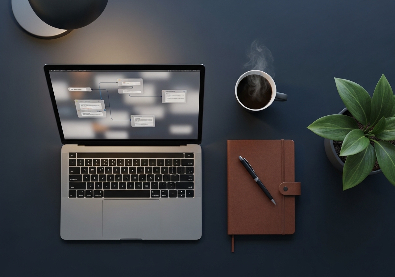 AI consulting workflow planning — top-down desk view of a laptop showing automation process design for a European SME