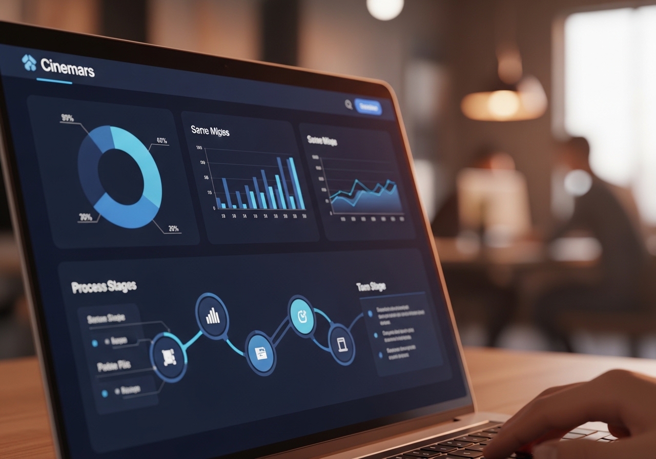 AI consulting implementation dashboard — close-up of a laptop screen showing a business process automation interface