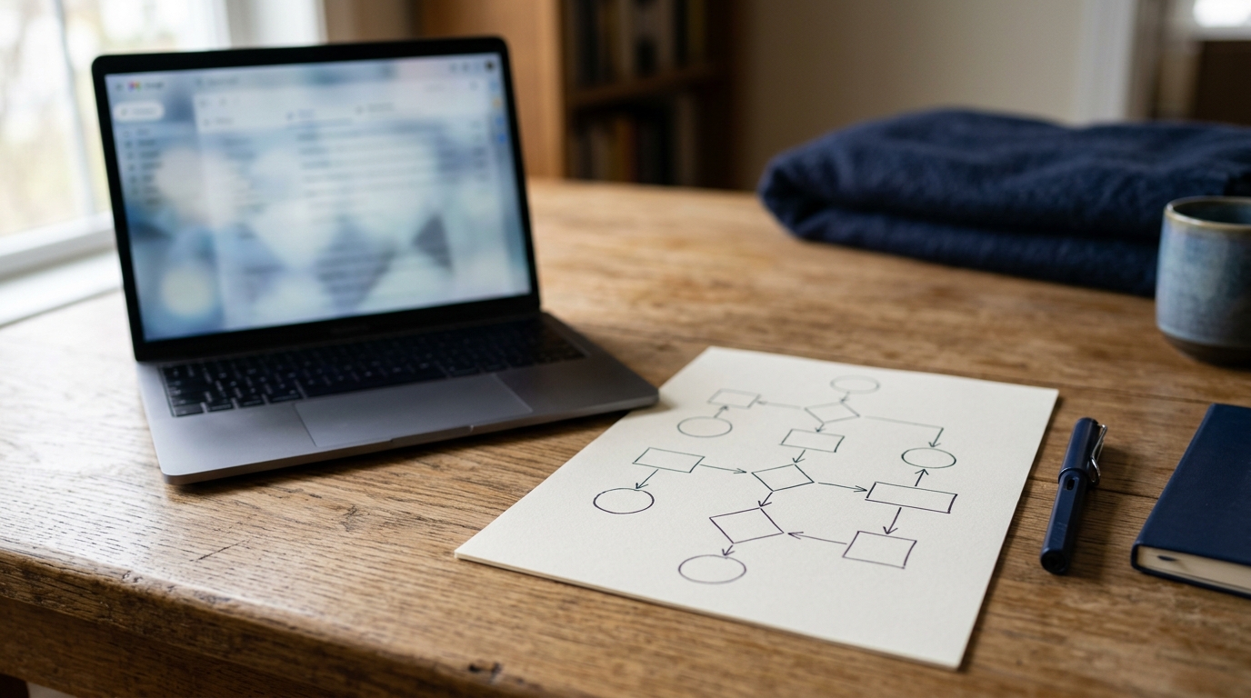 Building AI customer support automation without losing the human touch, overhead desk view of a workflow sketch and a defocused laptop screen showing an inbox