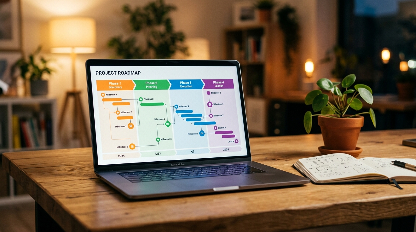 AI implementation roadmap: laptop screen showing a clean four-phase timeline with milestone markers from quick wins to innovation