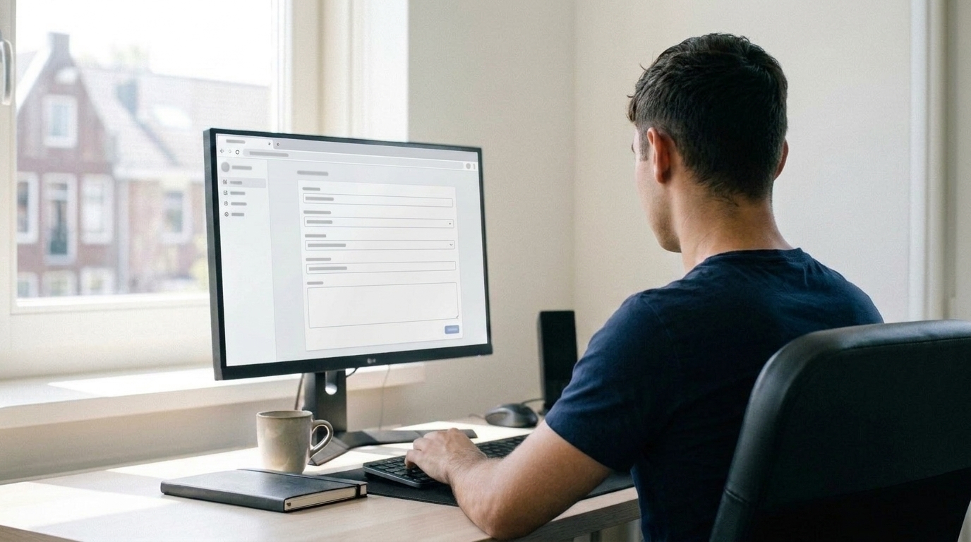 Working at a desk configuring a custom GPT, the settings form with its instruction and knowledge fields open on the monitor