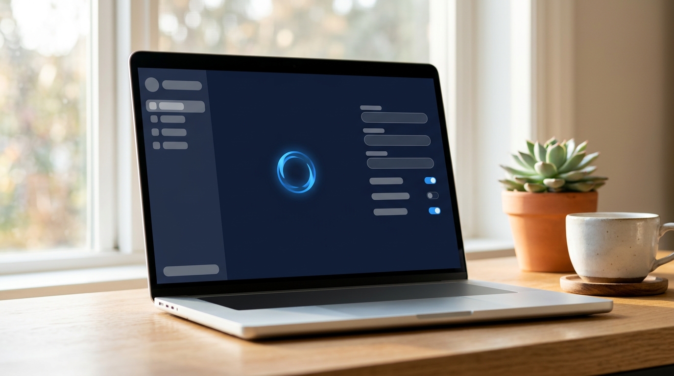Laptop on a sunlit desk showing a custom GPT configuration screen with a glowing blue assistant icon, instruction fields and capability toggles