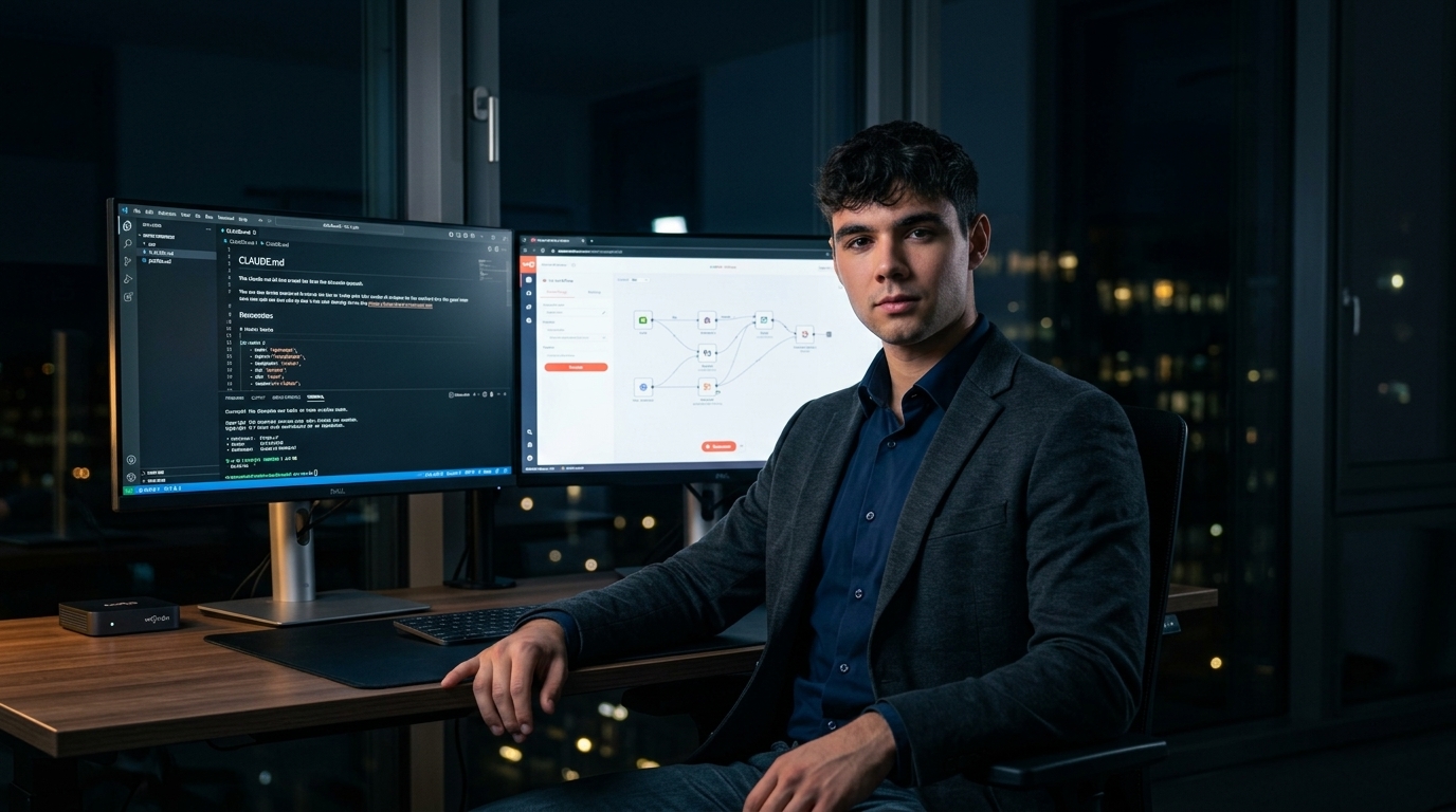 Claude OS Stack business automation — Dominik Gabor at dual-monitor workstation with Claude Code and n8n
