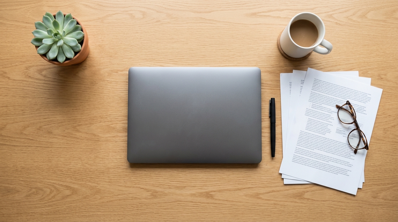Overhead view of a tidy desk with a closed laptop, printed documents, reading glasses and a coffee cup, no person visible