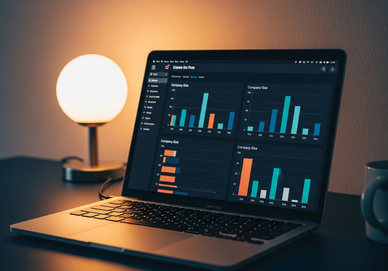 Dutch SME AI adoption statistics 2026: close-up laptop screen displaying analytics dashboard with company size adoption breakdown