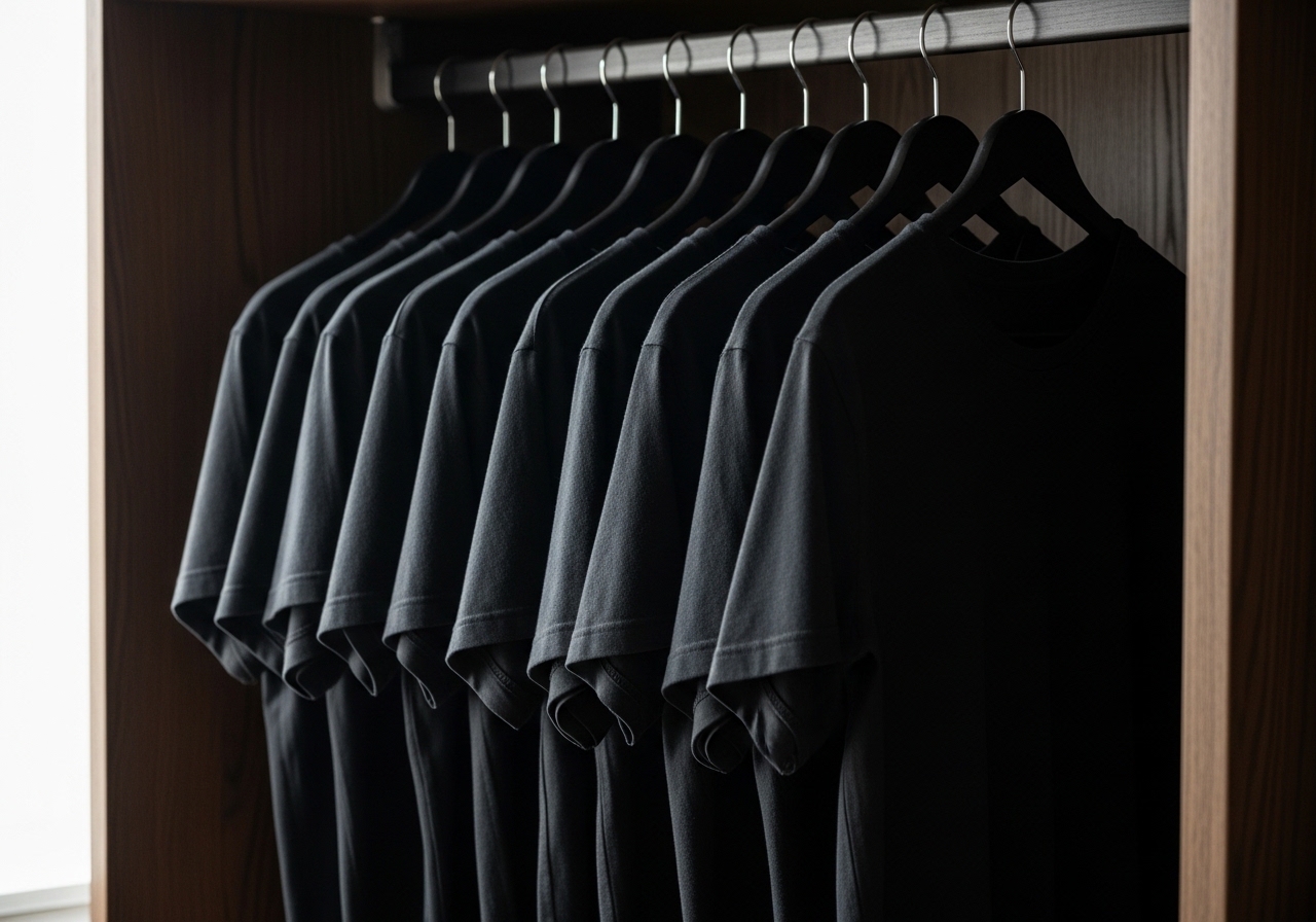 Managing AI agents skills, identical plain black T-shirts in a closet illustrating that some decisions are worth killing rather than making