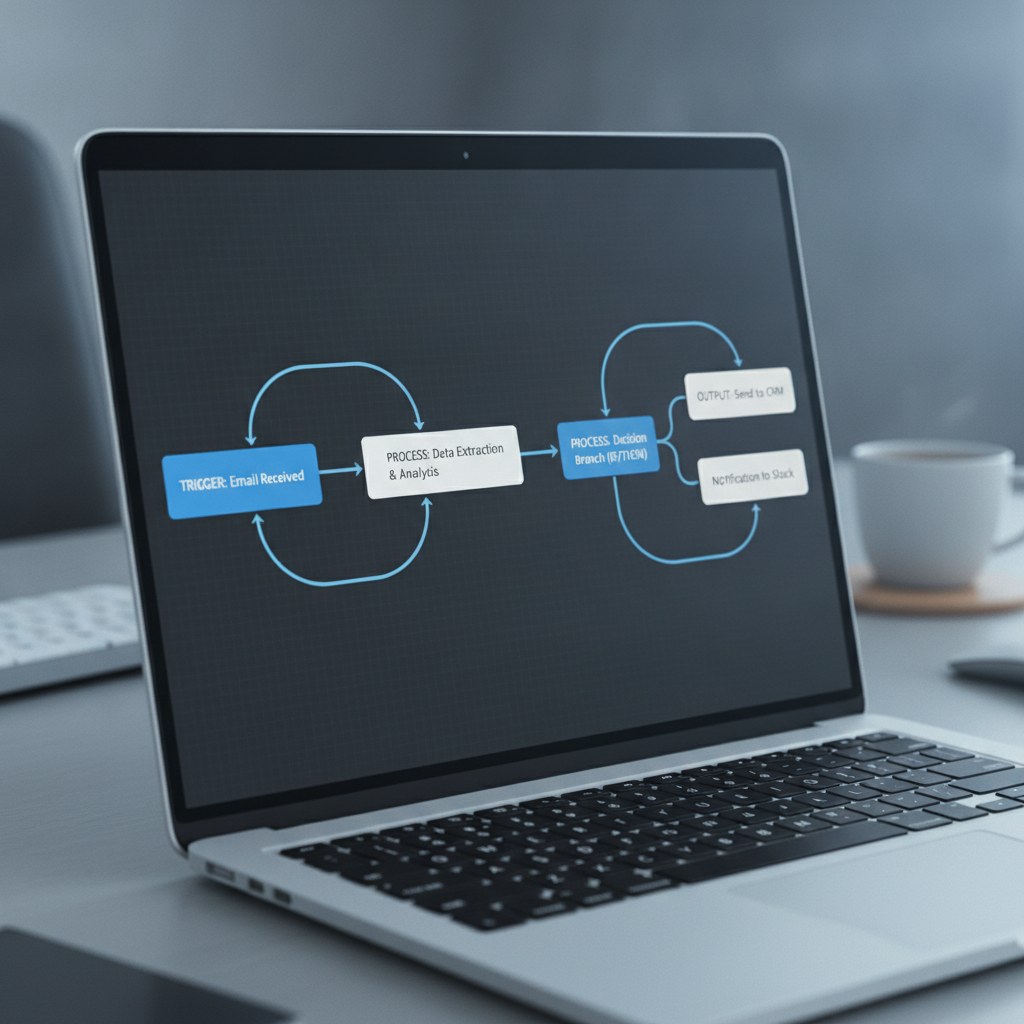 n8n workflow canvas on desktop monitor showing connected automation nodes for a business process migration project