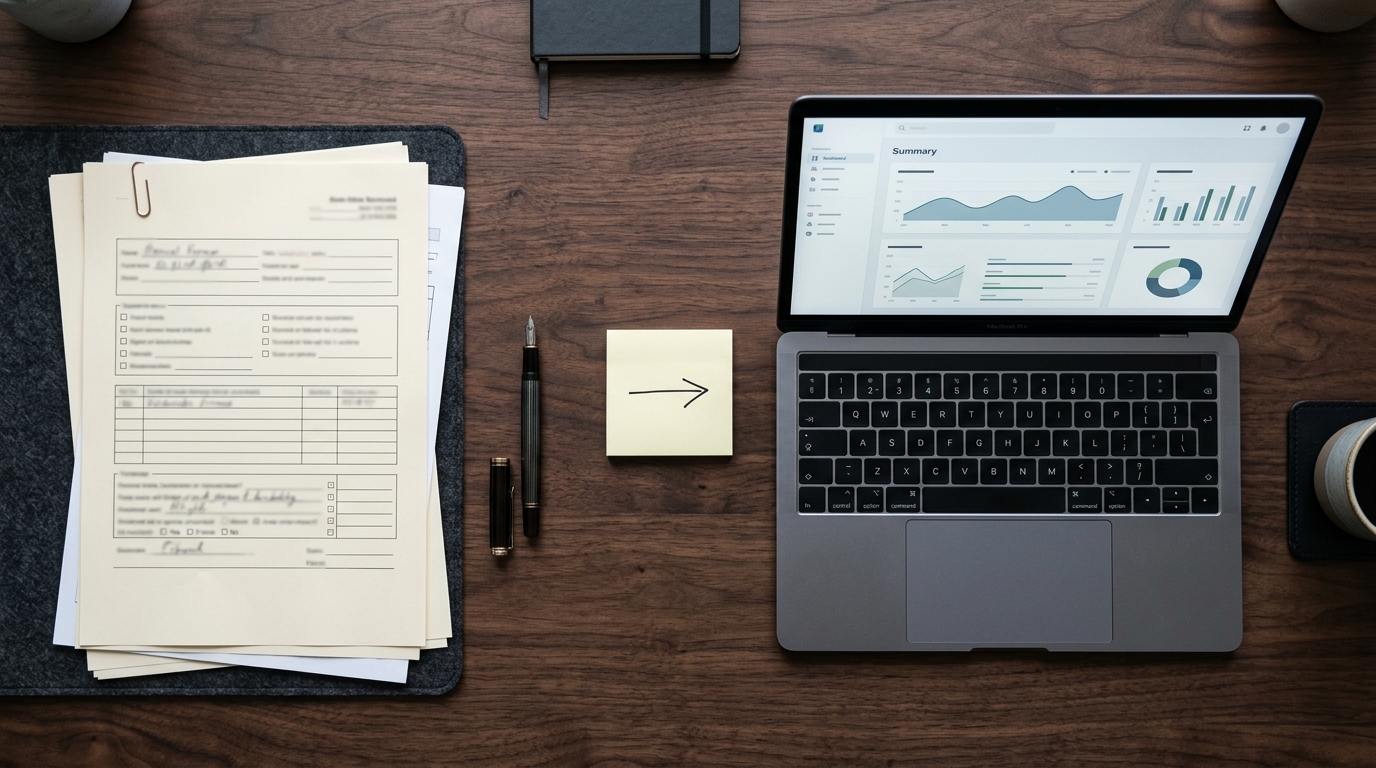 Manual to automated workflow migration in practice: overhead desk view with paper forms on the left and an automated dashboard on a laptop on the right