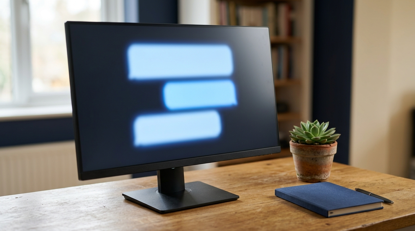 An unbranded monitor showing an abstract chat interface with soft blue message bubbles, representing a prompt being reviewed and refined