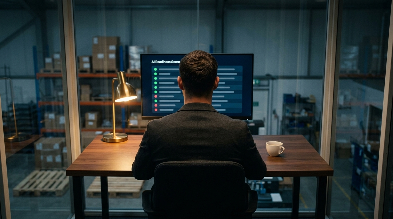 Is your business ready for AI automation, Dominik Gabor seen from behind in a mezzanine office above a workshop floor, reviewing an AI Readiness Score checklist on his monitor