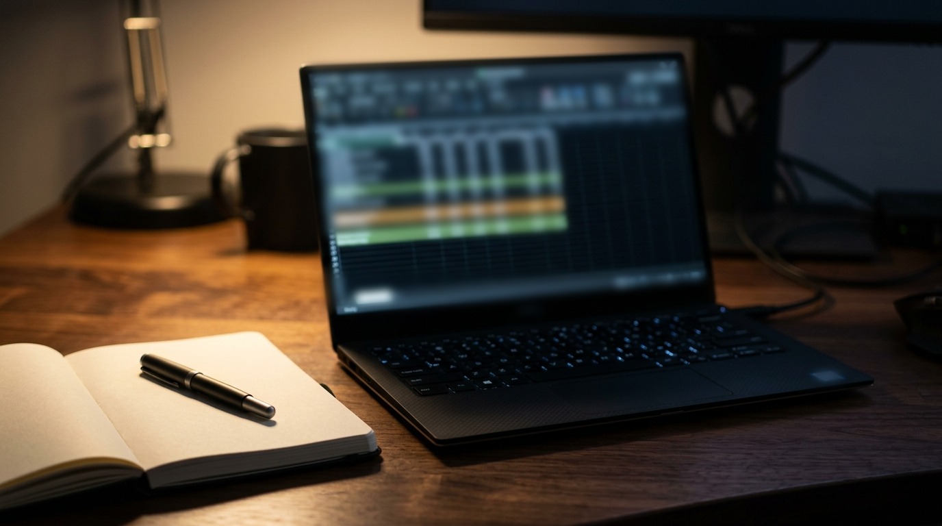 Laptop on a dark desk showing a spreadsheet with highlighted rows beside an open notebook, the kind of tracked but unread data that signals a business is ready for AI automation