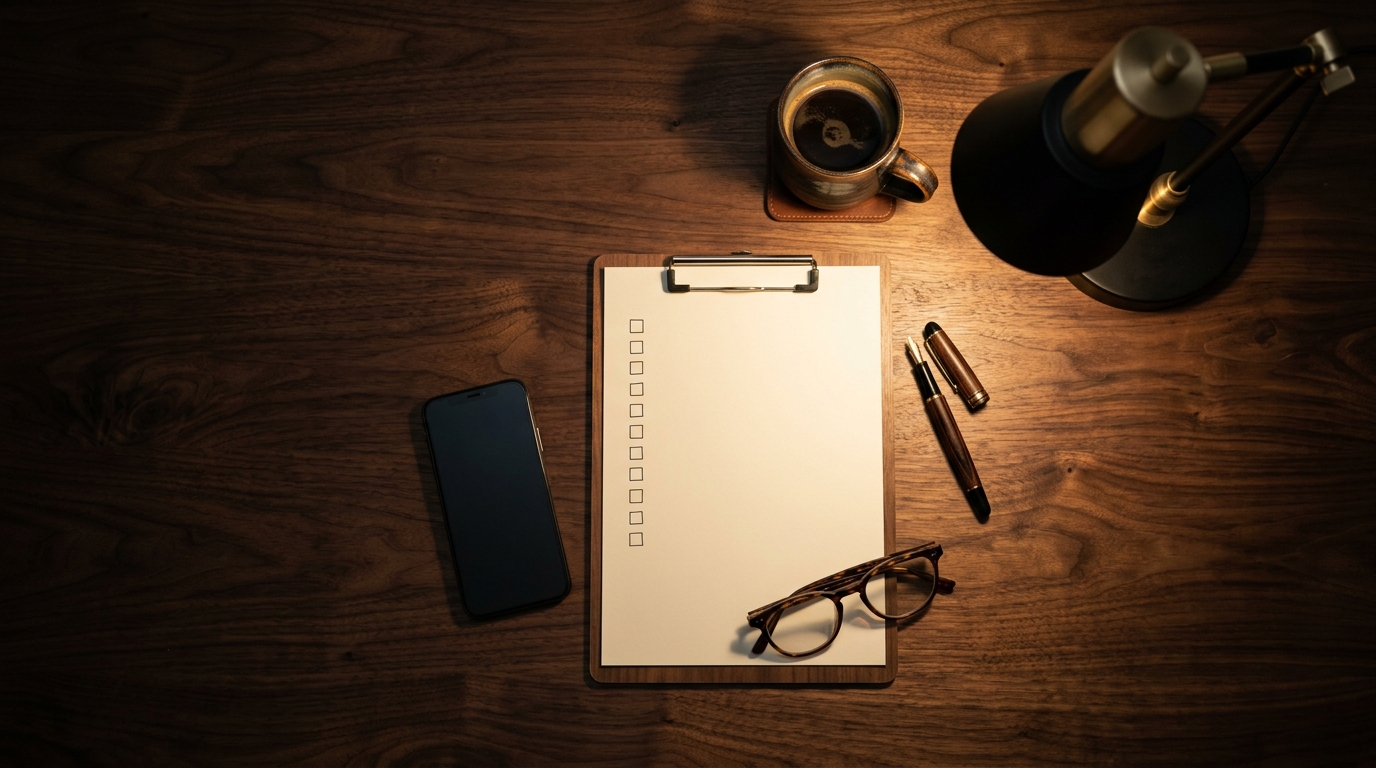 Clipboard with a blank checklist on a dark desk beside a fountain pen, reading glasses and coffee, ready for a five-minute AI readiness self-check
