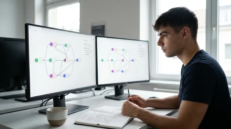 Dominik Gabor at his workstation mapping a multi-step prompt chain on dual monitors showing a connected workflow canvas