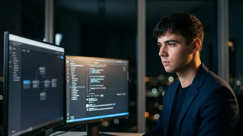 Dominik Gabor working at night on dual monitors showing an automation workflow builder and a code editor, city lights behind him
