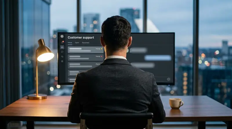 AI customer support automation for SMEs, Dominik Gabor seen from behind at his desk reviewing a customer support inbox with open and resolved tickets on a wide monitor