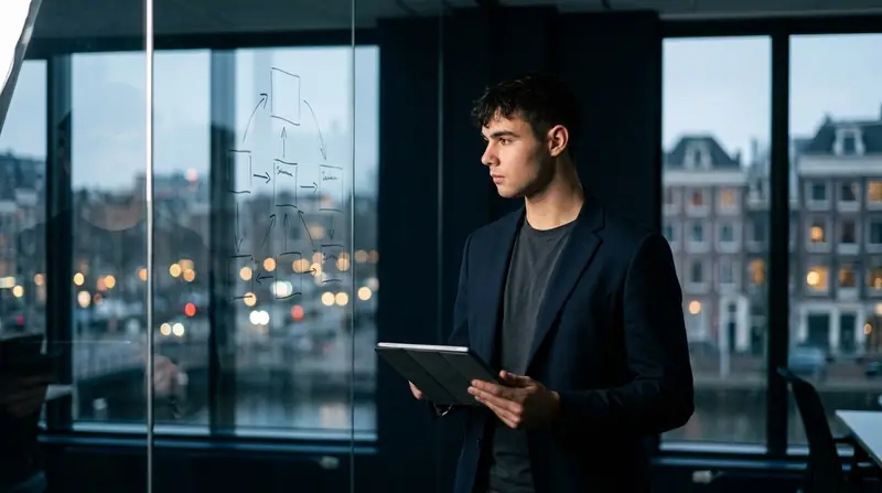 AI strategy for SMEs: Dominik Gabor reviewing a one-page strategy plan sketched on a glass wall in a modern Netherlands office
