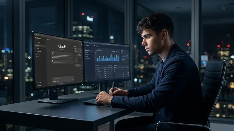 Claude vs GPT-5.5 for business automation 2026: Dominik Gabor at dual monitors reviewing AI benchmark and pricing data