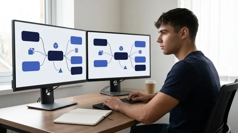 Dominik Gabor at his workstation connecting a custom GPT to a CRM pipeline through a workflow canvas on dual monitors