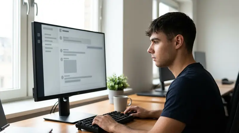 Dominik Gabor at his desk reviewing a custom GPT assistant interface on a monitor in a bright office