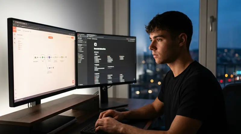 Managing AI agents skills, Dominik Gabor at workstation reviewing agent dashboard, AI consultant Netherlands