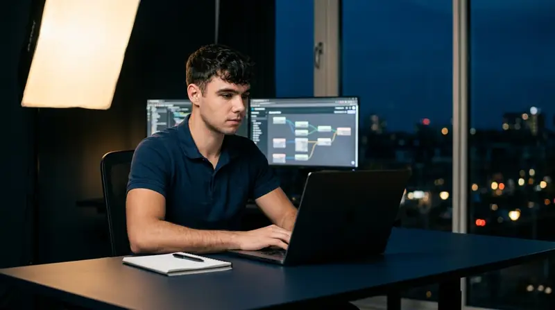 Manual to automated workflow migration: Dominik Gabor at workstation reviewing an automation workflow diagram on dual monitors