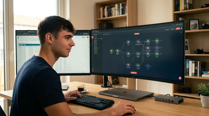 How to automate business workflows: Dominik Gabor at a workstation reviewing a workflow audit and an n8n automation canvas on dual monitors