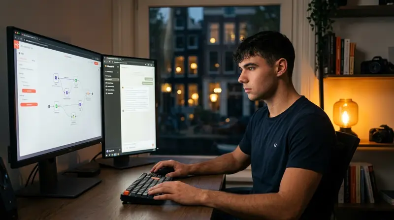 No-code AI automation ideas 2026: Dominik Gabor at workstation with n8n and Claude workflows on dual monitors