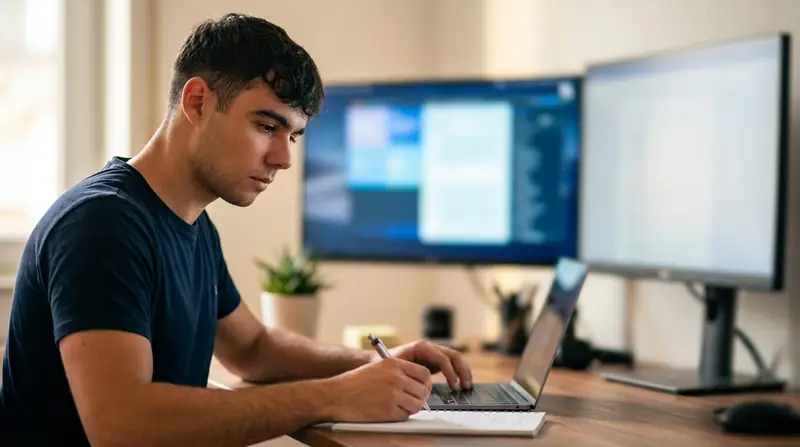 Dominik Gabor at his workstation writing a structured business prompt, dual monitors showing a defocused document and chat panel
