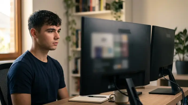 Dominik Gabor at a two-monitor workstation reviewing prompt output while working through common prompt engineering mistakes