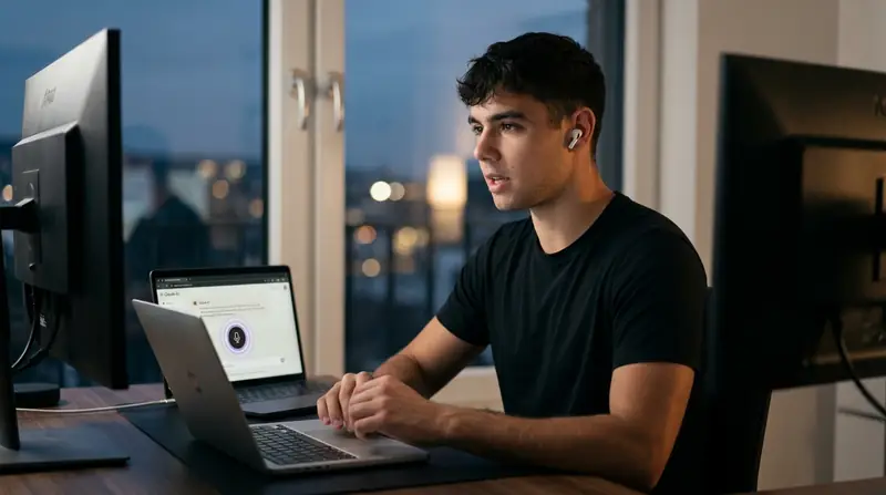 Voice dictation for AI prompting: Dominik Gabor dictating into Claude with Wispr Flow at workstation