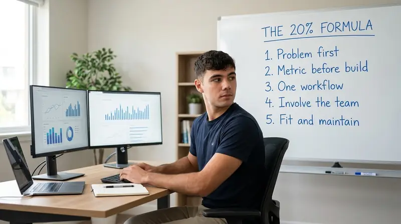 Why 80% of AI projects fail: Dominik Gabor at a workstation beside a whiteboard listing the 20% Formula: problem first, metric before build, one workflow, involve the team, fit and maintain