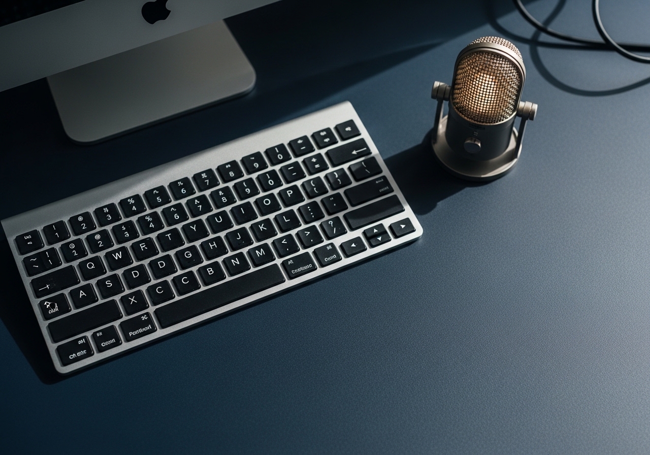 Voice dictation AI prompting, top-down keyboard with microphone illustrating the productivity gap between typing and speaking