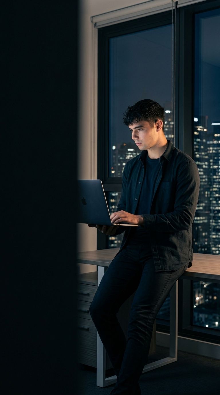 Dominik Gabor, AI automation consultant in the Netherlands, working at laptop with city skyline