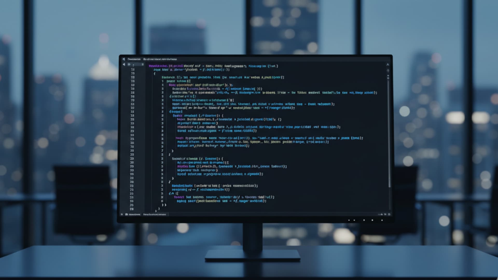 AI automation results — code editor and analytics in a modern office